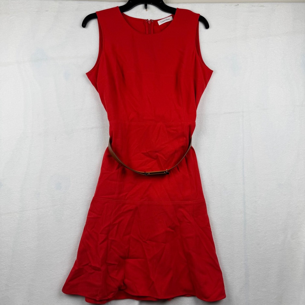 Calvin‎ Klein Red Sleeveless Dress with Belt Career Cocktail Party